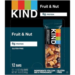KIND Fruit and Nut Bar - Individually Wrapped, Non-GMO, Gluten-free, Dairy-free, Cholesterol-free, Fat-free, Sulfur dioxide-free - Fruit & Nut - 1.40 oz - 12 / Box