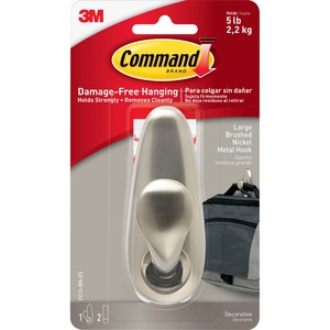 Command Large Forever Classic Hook - 5 lb (2.27 kg) Capacity - for Decoration, Painted Surface, Wood, Tile - Metal - Brushed Nickel - 1 / Pack