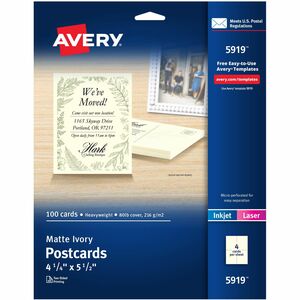 Avery® Laser, Inkjet Postcard - Ivory - 79 Brightness - 4 1/4" x 5 1/2" - Matte - 100 / Box - FSC Mix - Rounded Corner