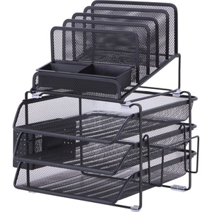 Lorell Divided 4-tier Desktop Organizer - 4 Tier(s) - 15.75" Height x 12.87" Width x 14.37" Depth - Desktop - Black - Plastic, Mesh - 1 Each