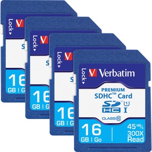 Verbatim Premium 16 GB Class 10 SDHC - 4 Pack - 20 MB/s Read - 9 MB/s Write - 133x Memory Speed - Lifetime Warranty