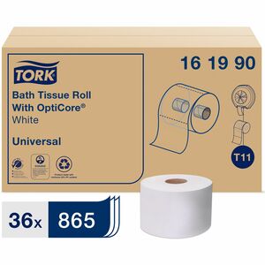 TORK Universal Bath Tissue Roll with OptiCore - 2 Ply - 3.80" x 288.30 ft - 865 Sheets/Roll - 5.60" Roll Diameter - White - Paper - Embossed, Chlorine-free, Chemical-free - Fo
