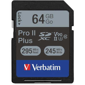 Verbatim Pro II Plus 64 GB SDXC - Class 10/UHS-II (U3) - 295 MB/s Read - 245 MB/s Write1 Pack - 1900x Memory Speed