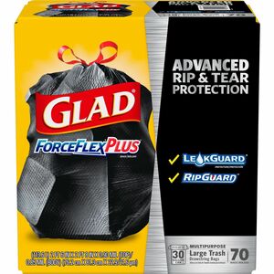 Glad Large Drawstring Trash Bags - ForceFlexPlus - 30 gal Capacity - 1.05 mil (27 Micron) Thickness - Drawstring Closure - Black - 9800/Pallet - 70 Per Box - Kitchen, Outdoor,