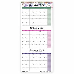 Blueline 3-Month Colorful Wall Calendar - Professional - Julian Dates - Monthly - 14 Month - December 2025 to January 2027 - 3 Month Single Page Layout - 12 1/4" x 27" Sheet S