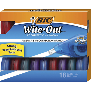 BIC Wite-Out EZ CORRECT Correction Tape - 0.20" Width x 39.40 ft Length - Tear Resistant, Odorless, Film-based - 18 / Box - Translucent, White