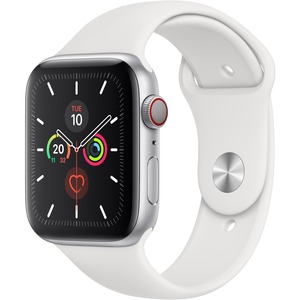 Apple Watch Series 5 Smart Watch - Wrist Wearable - Silver Aluminum Case - White Band - Aluminium Case - Cellular Phone Capability - LTE, UMTS