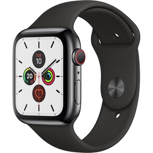 Apple Watch Series 5 Smart Watch - Wrist Wearable - Space Black Case - Black Band - Stainless Steel Case - Cellular Phone Capability - LTE, UMTS