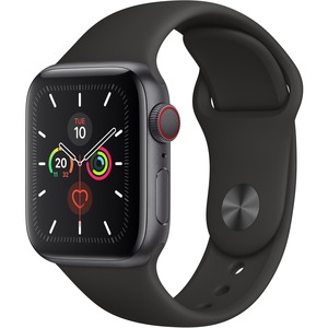 Apple Watch Series 5 Smart Watch - Wrist Wearable - Space Gray Aluminum Case - Black Band - Aluminium Case - Cellular Phone Capability - LTE, UMTS