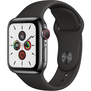 Apple Watch Series 5 Smart Watch - Wrist Wearable - Space Black Case - Black Band - Stainless Steel Case - Cellular Phone Capability - LTE, UMTS