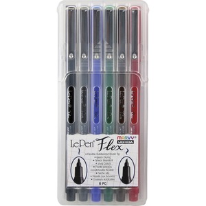 Marvy LePen Flex Brush Tip Pen Set - Brush Pen Point Style - Black, Red, Blue, Green, Brown, Dark Gray - Black, Red, Blue, Green, Brown, Dark Gray Barrel - Rubberized Tip - 6