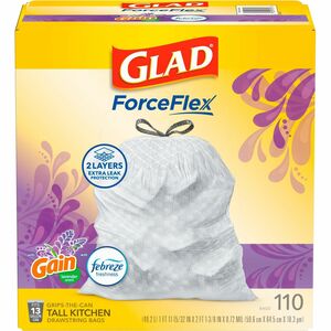 Glad ForceFlex Tall Kitchen Drawstring Trash Bags - Gain Lavender with Febreze Freshness - 13 gal Capacity - 25.38" Length x 23.75" Width x 0.72 mil (18 Micron) Thickness - Dr