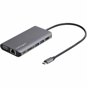 StarTech.com USB-C Multiport Adapter - HDMI or VGA - Attached 30 cm Host Cable - 1x USB-C and 2x USB-A - 100W PD includes PD Passthrough - SD Card Reader - USB Type-