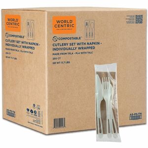World Centric TPLA Wrapped Cutlery Set - Cutlery Set - 1 x Spoon - 1 x Fork - 1 x Knife - Dishwasher Safe - Talc-filled Polylactic Acid (TPLA) - Light Beige - 250 / Carton
