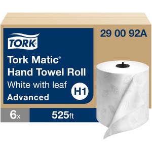 TORK Hand Roll Towel - Tork Matic Hand Towel Roll, White With Gray Leaf, Advanced, H1, 100% Recycled Fiber, High Absorbency, Medium Capacity, 2-Ply, 6 Rolls x 525 ft, 290092A