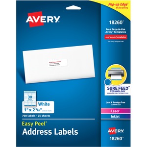 Avery® Easy Peal Sure Feed Address Labels - Permanent Adhesive - Rectangle - Laser, Inkjet - White - Paper - 30 / Sheet - 25 Total Sheets - 750 Total Label(s) - 5