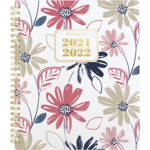 At-A-Glance Badge Floral Academic Planner - Academic - Weekly, Monthly - 13 Month - July till July - 1 Week, 1 Month Double Page Layout - Twin Wire - Multi, White, Gold - 7" W