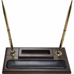 Dacasso Walnut & Leather Double Pen Stand/Cell Phone Holder - Leather, Wood, Rubber - 1 Each - Black, Walnut