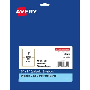 Avery® Laser, Inkjet Invitation Card - Metallic Gold, White - 5" x 7" - 80 lb Basis Weight - 216 g/m² Grammage - Matte - 1 / Pack - Pre-printed, Tear Resistant, Foldable, Smoo