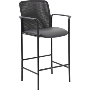 Boss Contemporary Mesh Back Stool - Black Vinyl Seat - Black Back - Black Frame - Armrest - 1 Each