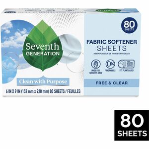 Seventh Generation Free & Clear Fabric Softener Sheets - 9" Length x 6.40" Width - 80 / Box - Bio-based, Hypoallergenic, Fragrance-free, Unscented, Dye-free, Gluten-free, Phos
