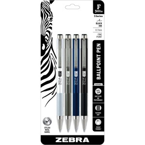 Zebra Pen STEEL 3 Series F-301A Retractable Ballpoint Pen - Fine Pen Point - 0.7 mm Pen Point Size - Retractable - Black - Silver Aluminum, Gray, Navy, Black Barrel - 4 / Pack