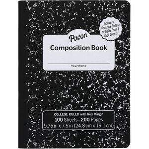 Pacon Marble Hard Cover Wide Rule Composition Book - 1 Subject(s) - 100 Sheets - 200 Pages - Wide Ruled - Red Margin - 9.75" x 7.5" x 0.4" - Black Marble Cover - Recyclable, H