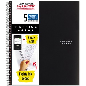 Five Star Notebook - 5 Subject(s) - 200 Sheets - Wire Bound - College Ruled - 3 Hole(s) - Letter - 8 1/2" x 11" - Black Cover - Bleed Resistant, Pocket, Perforated, Water Resi
