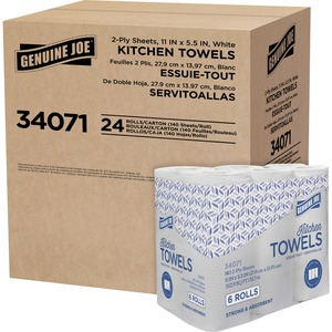 Genuine Joe Kitchen Paper Towels - 2 Ply - 140 Sheets/Roll - White - 6 Rolls Per Container - 4 / Carton
