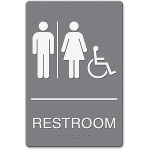 Headline Signs ADA Wheelchair/RESTROOM Image Sign - 1 Each - Restroom (Man/Woman/Wheelchair) Print/Message - Rectangular Shape - Adhesive, Braille - Plastic - White - TAA Comp