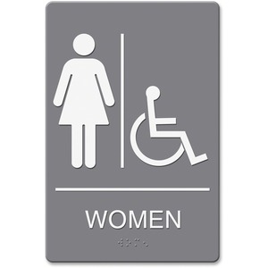 Headline Signs ADA WOMEN Wheelchair Restroom Sign - 1 Each - women's restroom/wheelchair accessible Print/Message - Double Sided - Adhesive, Braille - Plastic - White, Gray