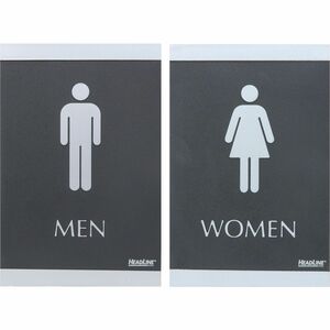 Headline Signs ADA MEN/WOMEN Restroom Sign - 1 Set - Men, Women Print/Message - 6" Width9" Depth - Rectangular Shape - Silver Print/Message Color - Adhesive Backing, Durable,