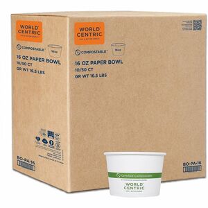World Centric Compostable White Paper Bowl - Food, Soup, Ice Cream, Commercial - Disposable - White - Paper Body - 10 / Carton