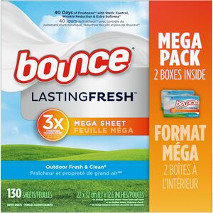 Bounce Mega Dryer Sheets - Sheet - Outdoor Fresh Scent - 65 / Box - 130 / Pack - White