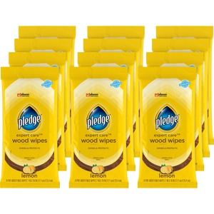 Pledge Lemon Enhancing Polish Wipes - Lemon Scent - 10" Length x 7" Width - 24 / Pack - 12 / Carton - Pre-moistened, Wax-free - Yellow