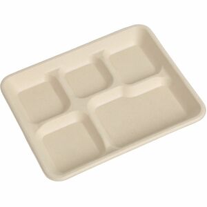 BluTable 8"x10" 5-Compartment Lunch Trays - Food - Natural - Molded Fiber, Sugarcane Fiber Body - 500 / Carton
