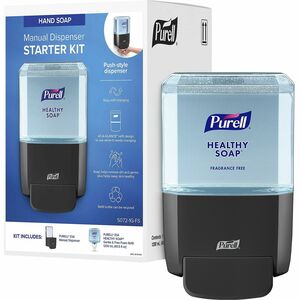 Gojo® ES4 Push-Style Soap Dispenser Starter Kit - 1.27 quart Capacity - Hygienic, Dye-free, Fragrance-free, Refillable, Wall Mountable - Graphite