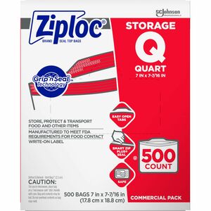 Ziploc® Quart Storage Bags - Medium Size - 1 quart Capacity - 7" Width x 1.75 mil (44 Micron) Thickness - Zipper Closure - Textured - Clear - Plastic - Multipurpose - 500 / Ca