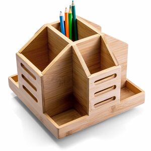 Officemate Bamboo Rotary Desktop Organizer - 9 Compartment(s) - 6.30" Height x 13" Width x 8.80" Depth - Rotate, Durable, Desk Space - Natural Wood Grain - Bamboo - 1 Each