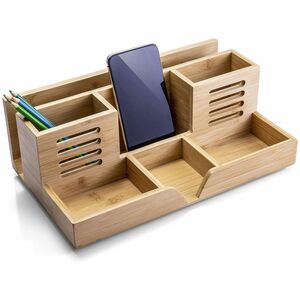 Officemate Bamboo Desk Organizer - 7 Compartment(s) - 5.28" Height x 14.09" Width x 8.62" Depth - Stackable - Stackable, Durable, Portable - Natural Wood Grain - Bamboo - 1 Ea