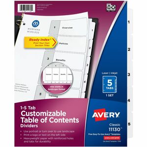 Avery Binder Dividers, 5 Tabs, Ready Index (11130) - 5 x Divider(s) - 5 Tab(s) - 1-5 - 5 Tab(s)/Set - 8.5" Divider Width x 11" Divider Length - 3 Hole Punched - White Paper Di