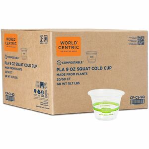World Centric Compostable Squat Clear Cold Cups - 9 fl oz - Clear - Polylactic Acid (PLA), Plastic - Cold, Beverage, Iced Tea, Iced Coffee, Smoothie, Water, Cafe, Restaurant -