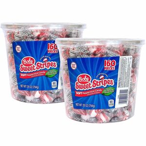 Green Rabbit Sweet Stripes Soft Peppermint Candy - Peppermint, Mint - Gluten-free, Fat-free, Individually Wrapped, Resealable Tub - 160 Pieces/Tub - 2 / Carton