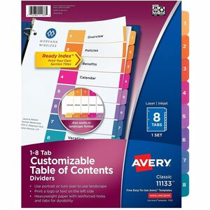 Avery Dividers, 8 Tabs, Ready Index, Multicolor Tabs (11133) - 8 x Divider(s) - 8 Tab(s) - Digit - 1-8 - 8 Tab(s)/Set - 8.5" Divider Width x 11" Divider Length - 3 Hole Punche