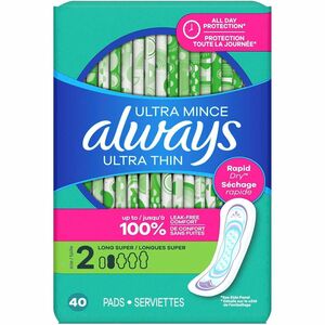 Always Ultra Thin Size 2 Long Super Pads With Wings, Unscented - Size 2 - With Wings - Super - Unscented, Absorbent, Anti-leak, Odor-absorbing, Comfortable - 40 / Pack