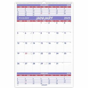 At-A-Glance 3-Month Wall Calendar - Large Size - Julian Dates - Monthly - 12 Month - January 2024 - December 2024 - 3 Month Single Page Layout - 15 1/2" x 22 3/4" White Sheet