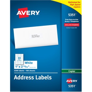 Avery® Copier Address Labels - Permanent Adhesive - Rectangle - White - Paper - 33 / Sheet - 100 Total Sheets - 3300 Total Label(s) - 3300 / Box
