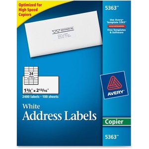 Avery® Copier Address Labels - Permanent Adhesive - Rectangle - White - Paper - 24 / Sheet - 100 Total Sheets - 2400 Total Label(s) - 2400 / Box