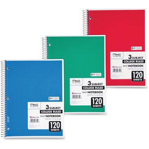 Mead 3-Subject Wire-bound Notebook - Letter-size - 120 Sheets - Spiral - College Ruled - Letter - 8" x 11" - White Paper - Assorted Cover - Back Board - 1 Each