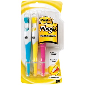 Post-it® Flag+ Highlighter - Yellow, Pink, Blue - Yellow, Pink, Blue Barrel - 3 / Pack